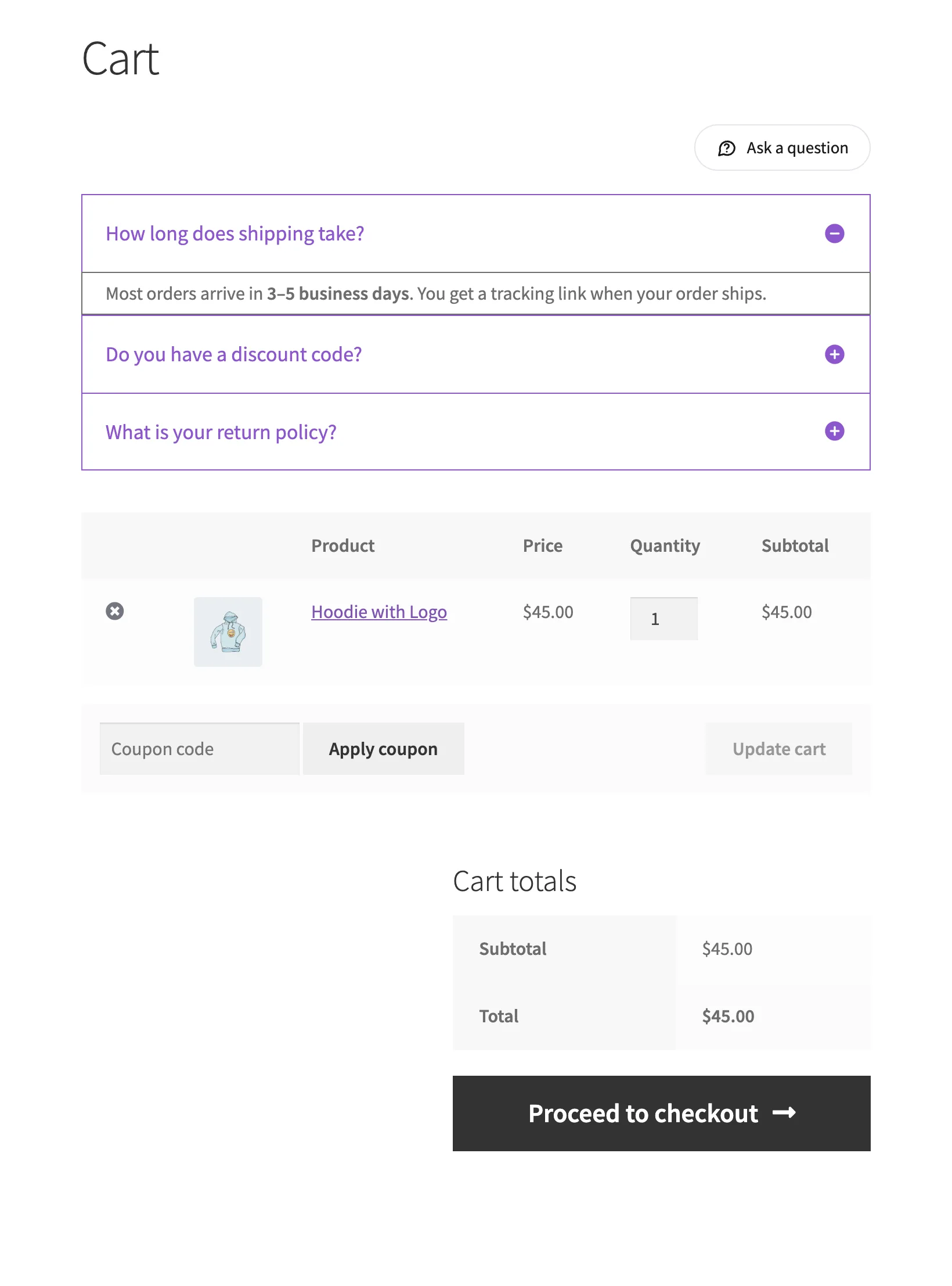 FAQs above the WooCommerce cart