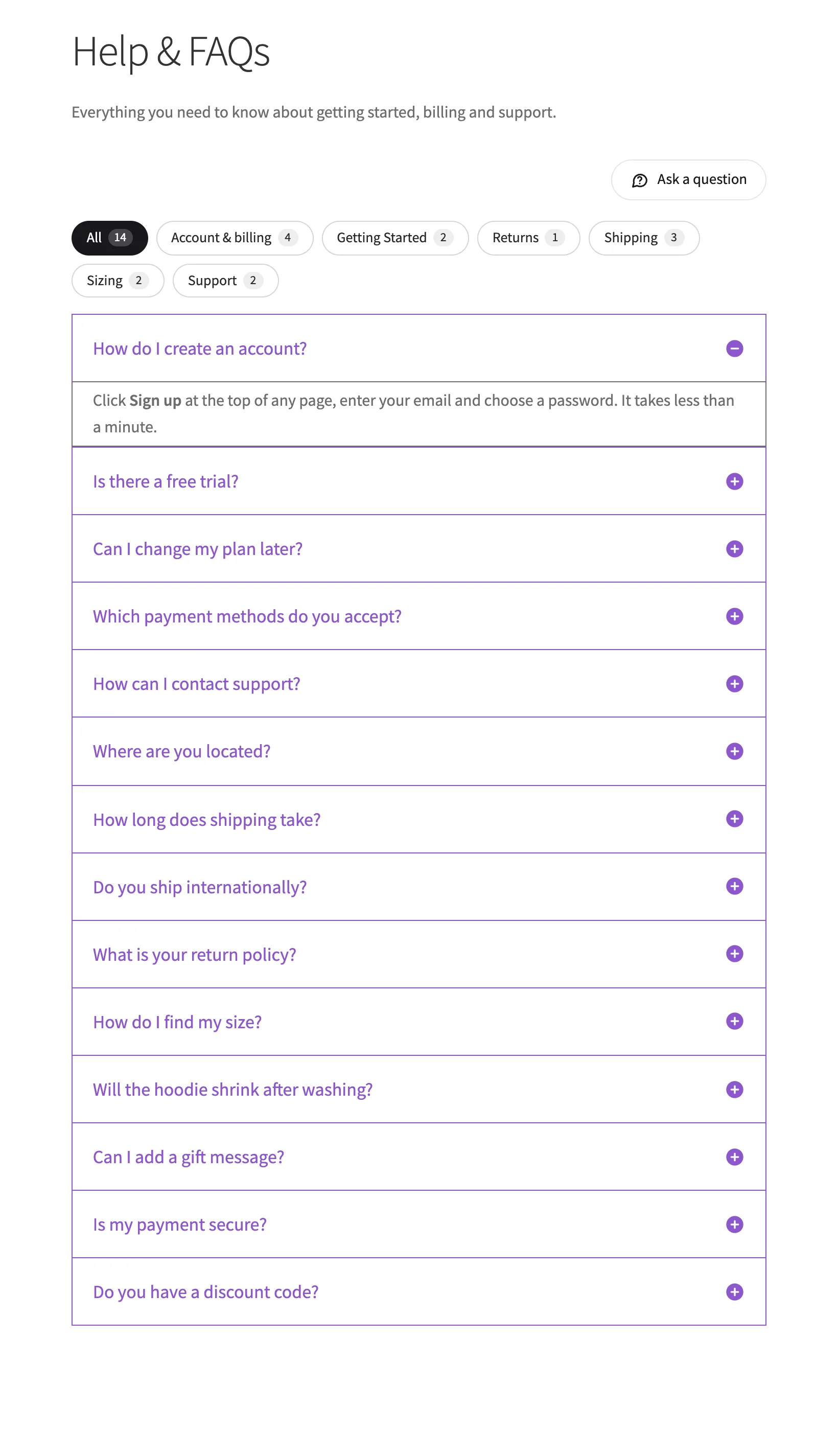 Site FAQs on a help page with category tabs