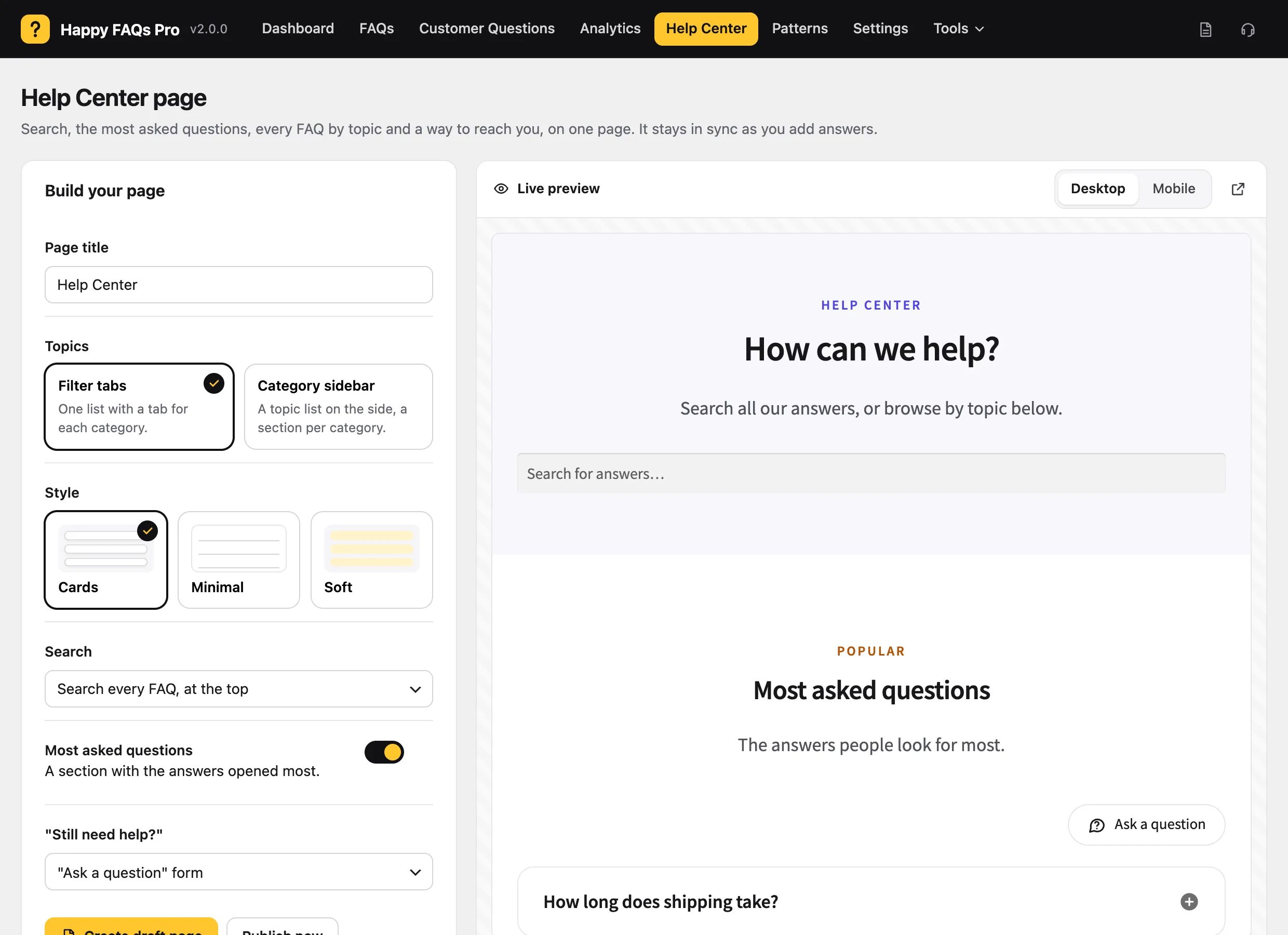 Help Center page builder with live preview