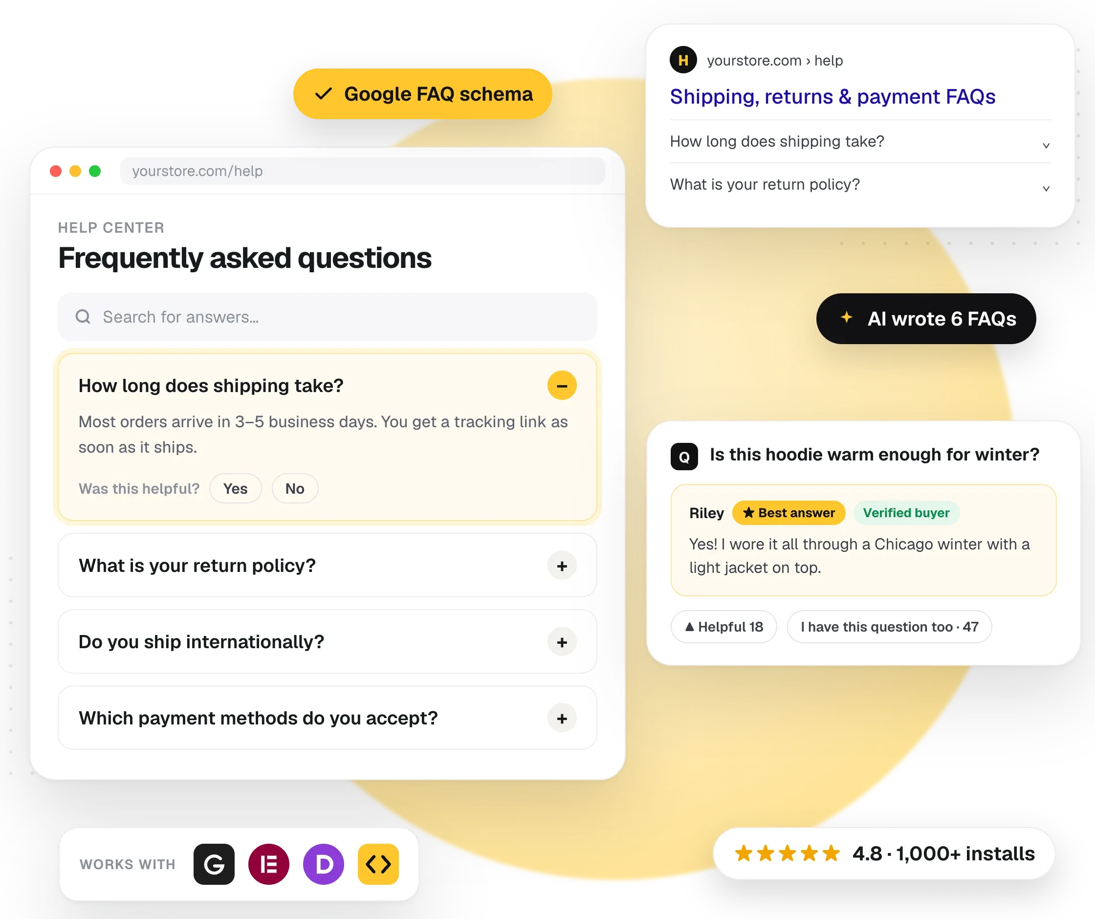 Happy FAQs: a help center with searchable FAQs, product questions answered by customers, and FAQs written by AI