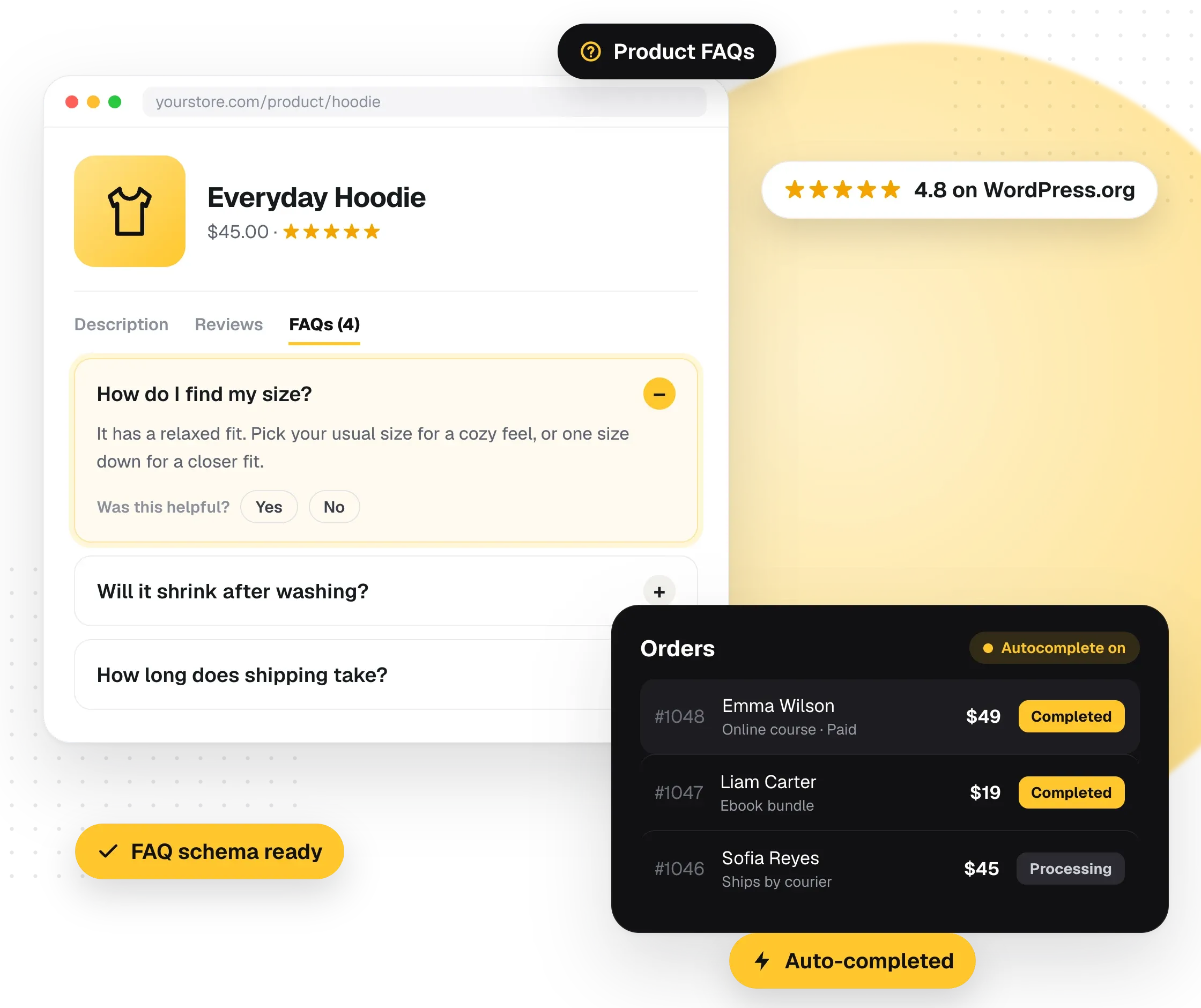Happy FAQs product FAQs and Advanced Autocomplete Orders completing WooCommerce orders