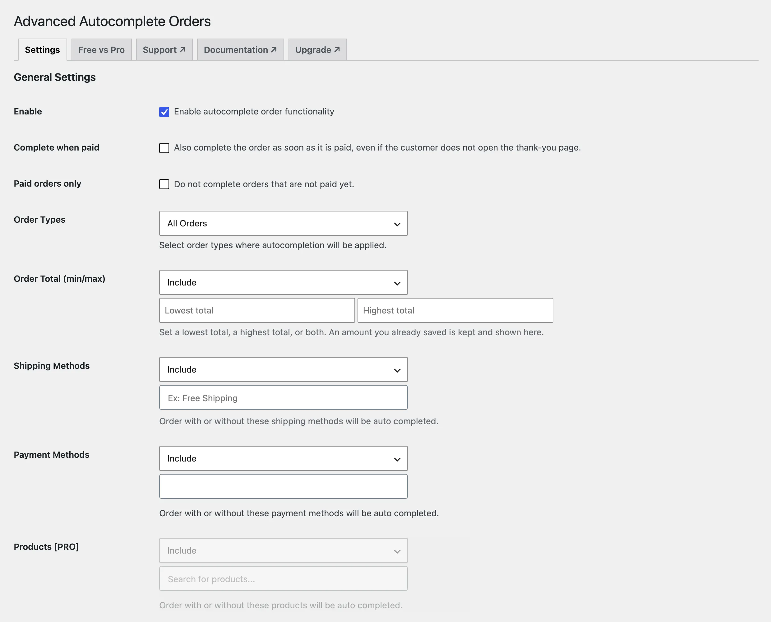 Advanced Autocomplete Orders settings: enable, order types, order total, shipping and payment rules