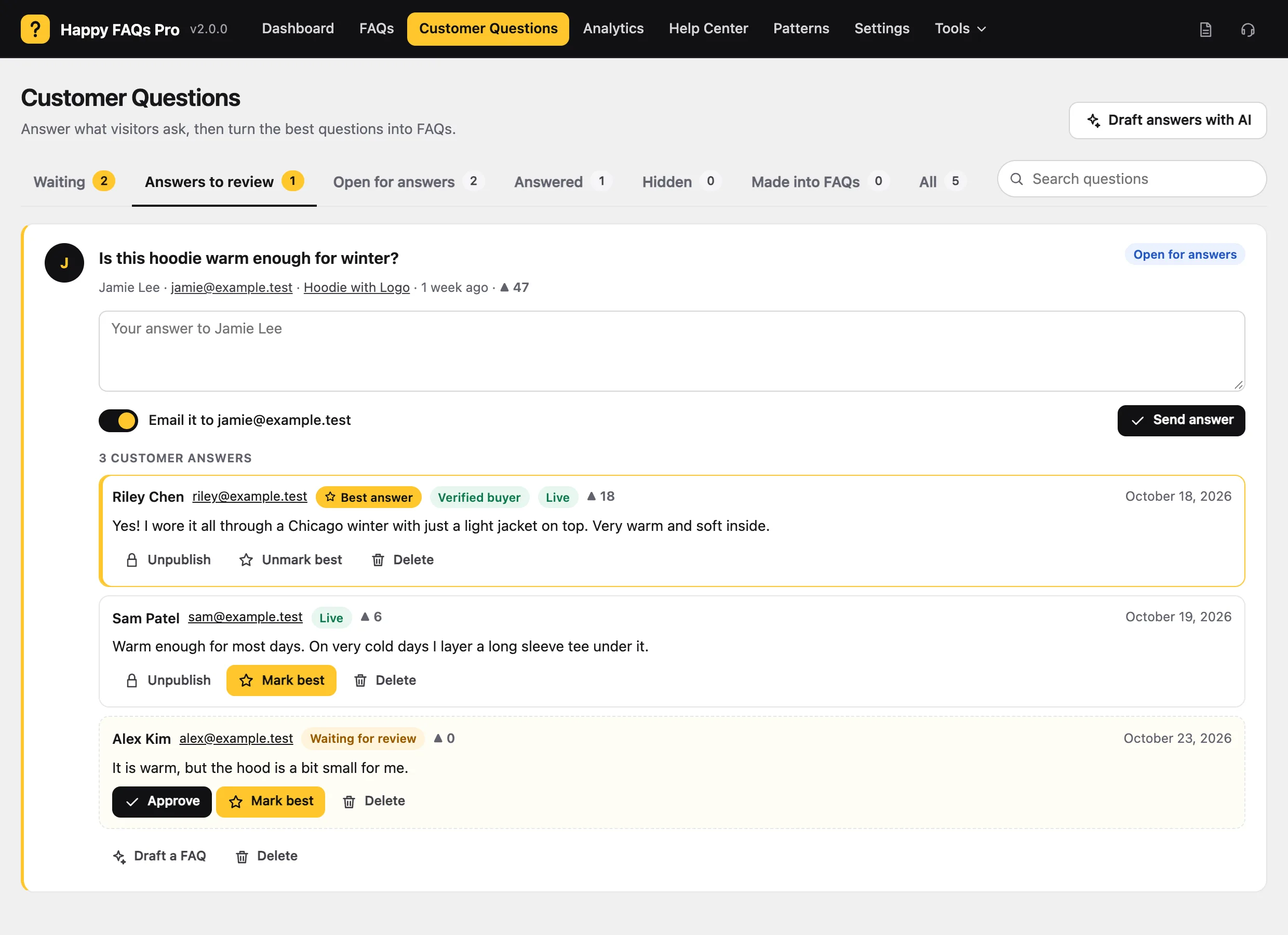 Customer Questions inbox with answers to review