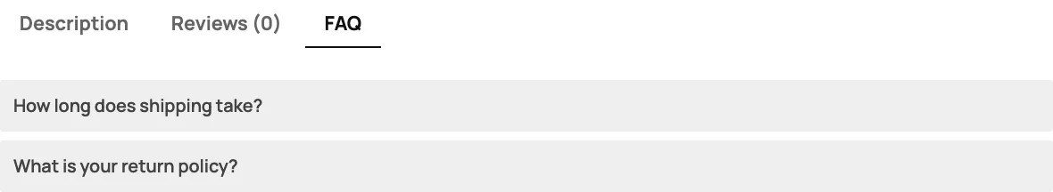 Easy Accordion FAQ tab showing the same two store-wide questions