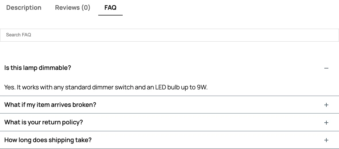Helpie FAQ product tab with a search box and the lamp question open