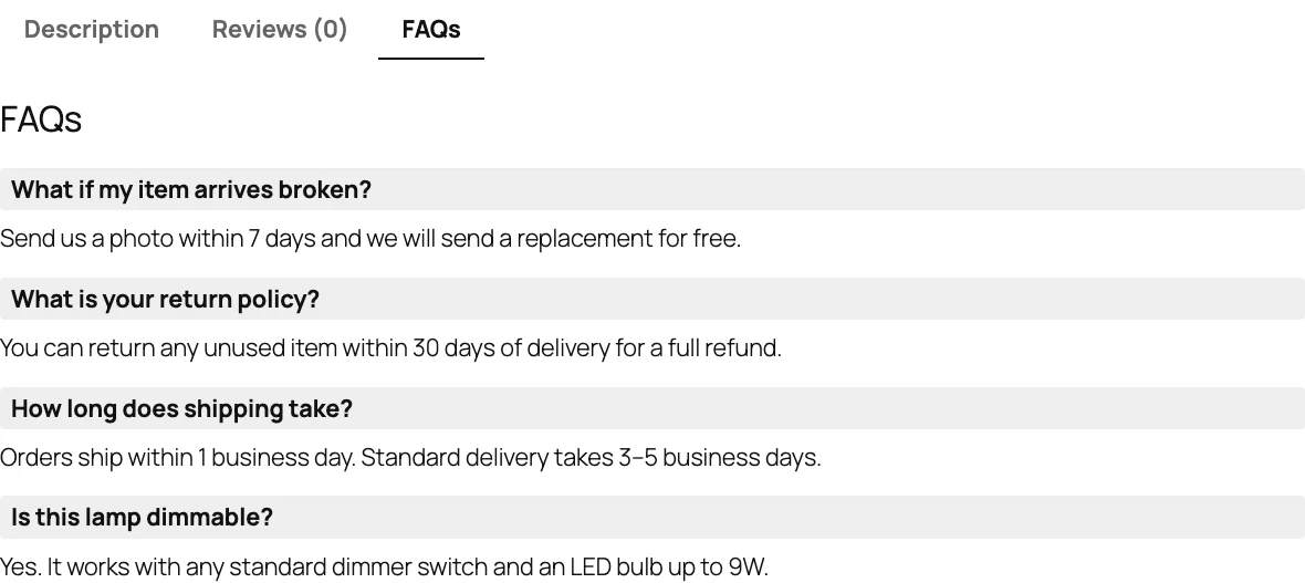 WPC Product FAQs tab on the Ceramic Table Lamp showing four questions with their answers always open