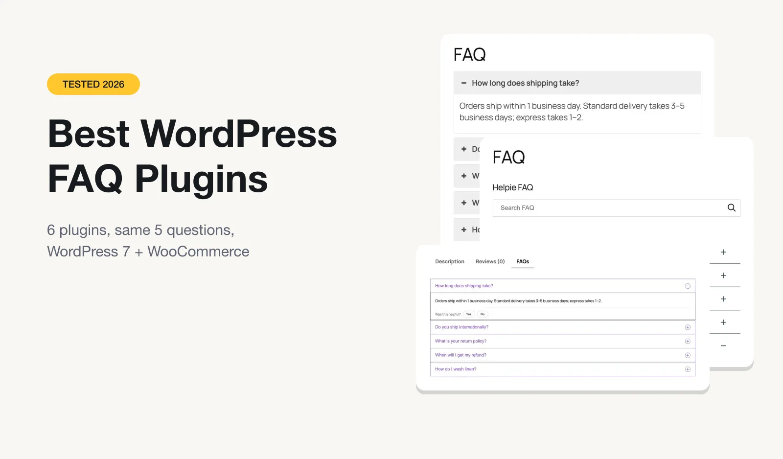 Six WordPress FAQ plugins showing the same FAQ in a side-by-side test
