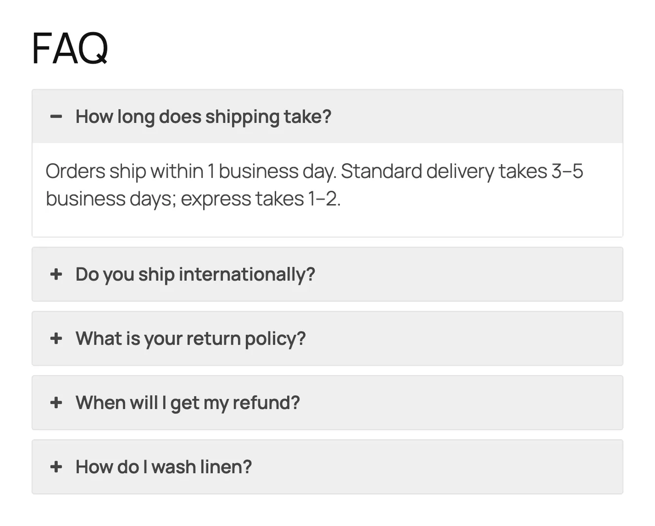 Easy Accordion FAQ with the shipping question open, default settings