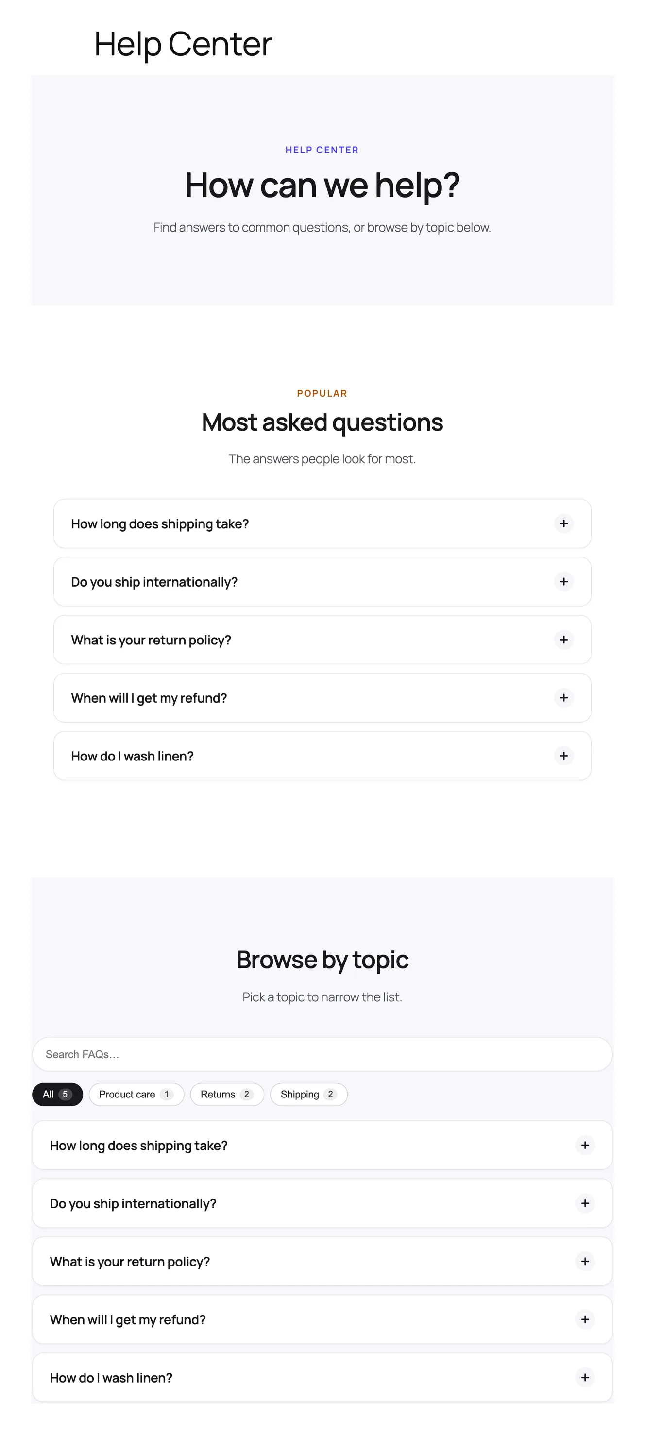 Happy FAQs help center page with most asked questions, topic filters and search