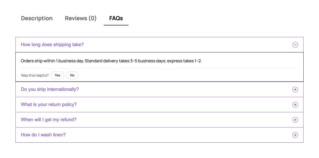 Happy FAQs FAQ tab on a WooCommerce product page with the shipping question open