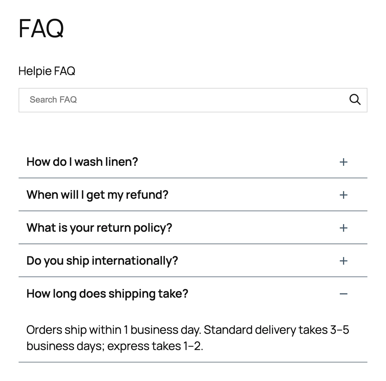 Helpie FAQ with a title, a search box and the shipping question open, default settings