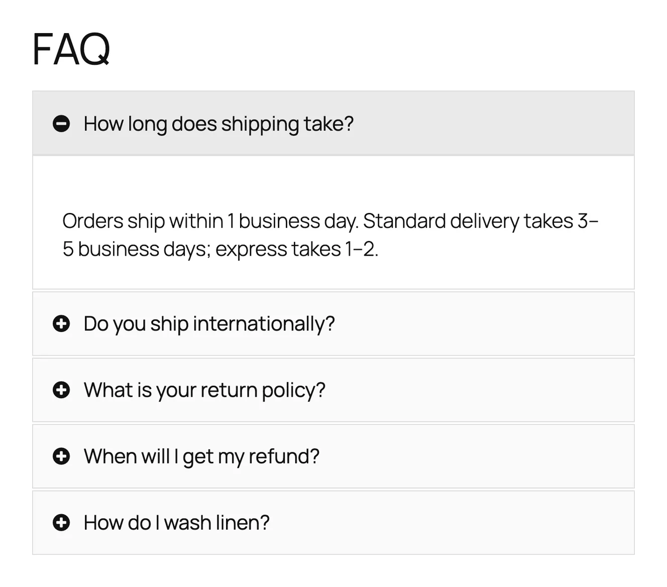 Quick and Easy FAQs accordion with the shipping question open
