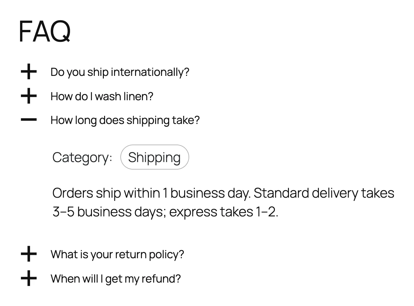 Ultimate FAQ accordion with the shipping question open and its category shown, default settings