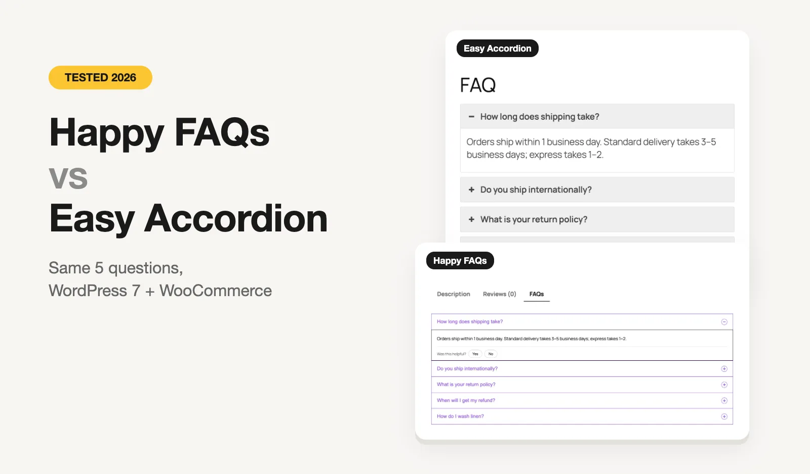 Happy FAQs and Easy Accordion showing the same FAQ side by side