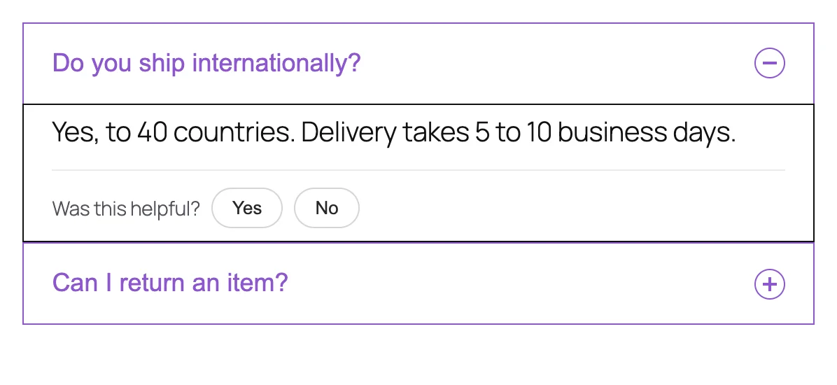 Happy FAQs accordion with the shipping question open and a was this helpful vote