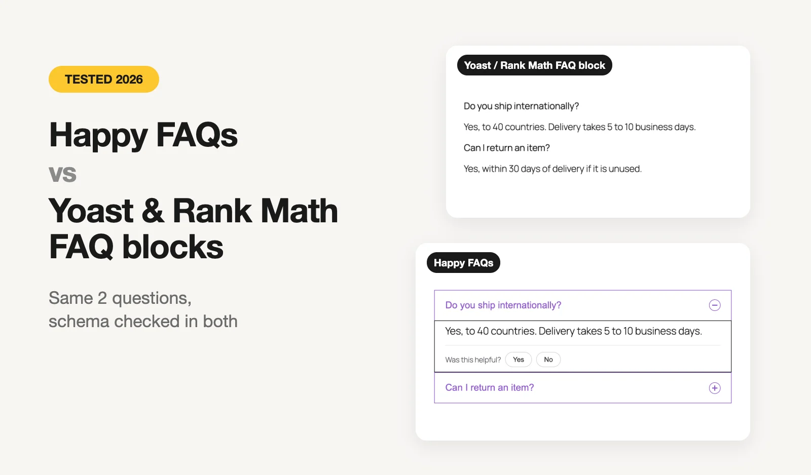 The Yoast and Rank Math FAQ block shown as a plain list next to the Happy FAQs accordion