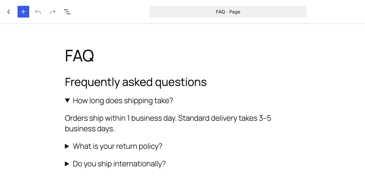 Three Details blocks used as FAQ questions in the WordPress block editor, with the first one open