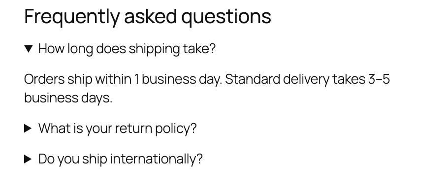 The FAQ made with Details blocks on the page, with the shipping question open