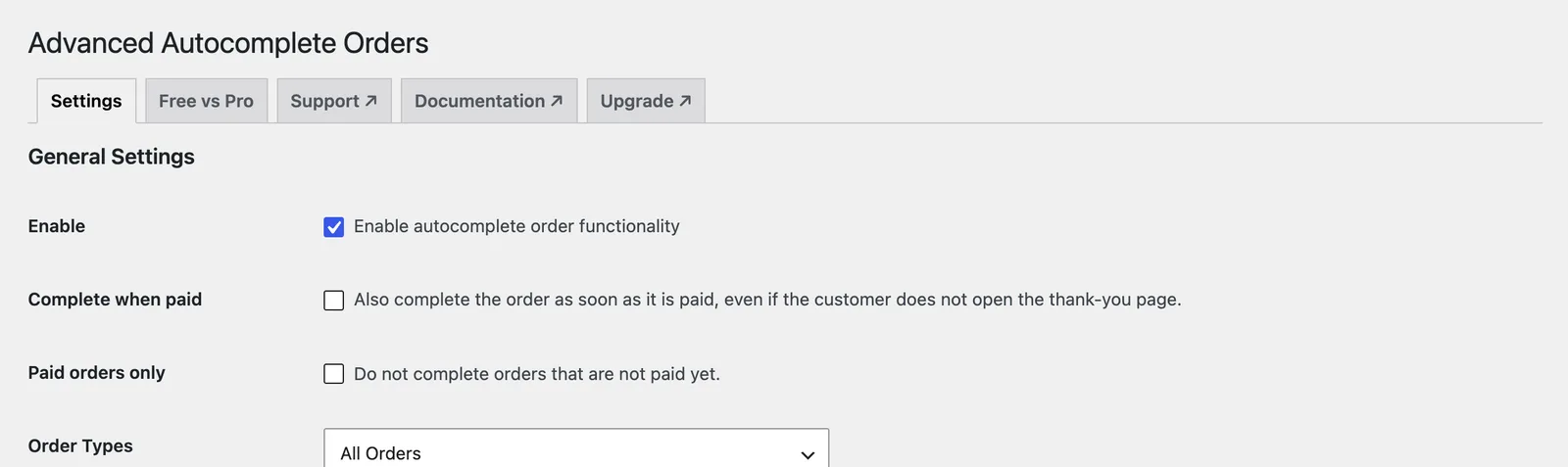 Autocomplete Orders settings
