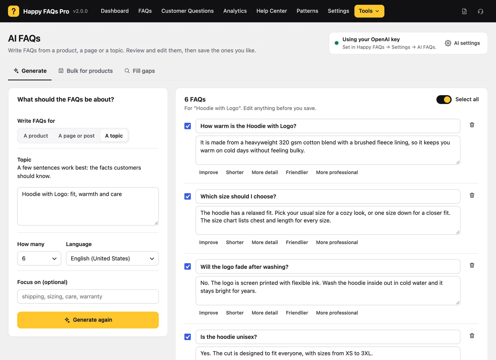 Six AI-written FAQs ready to review
