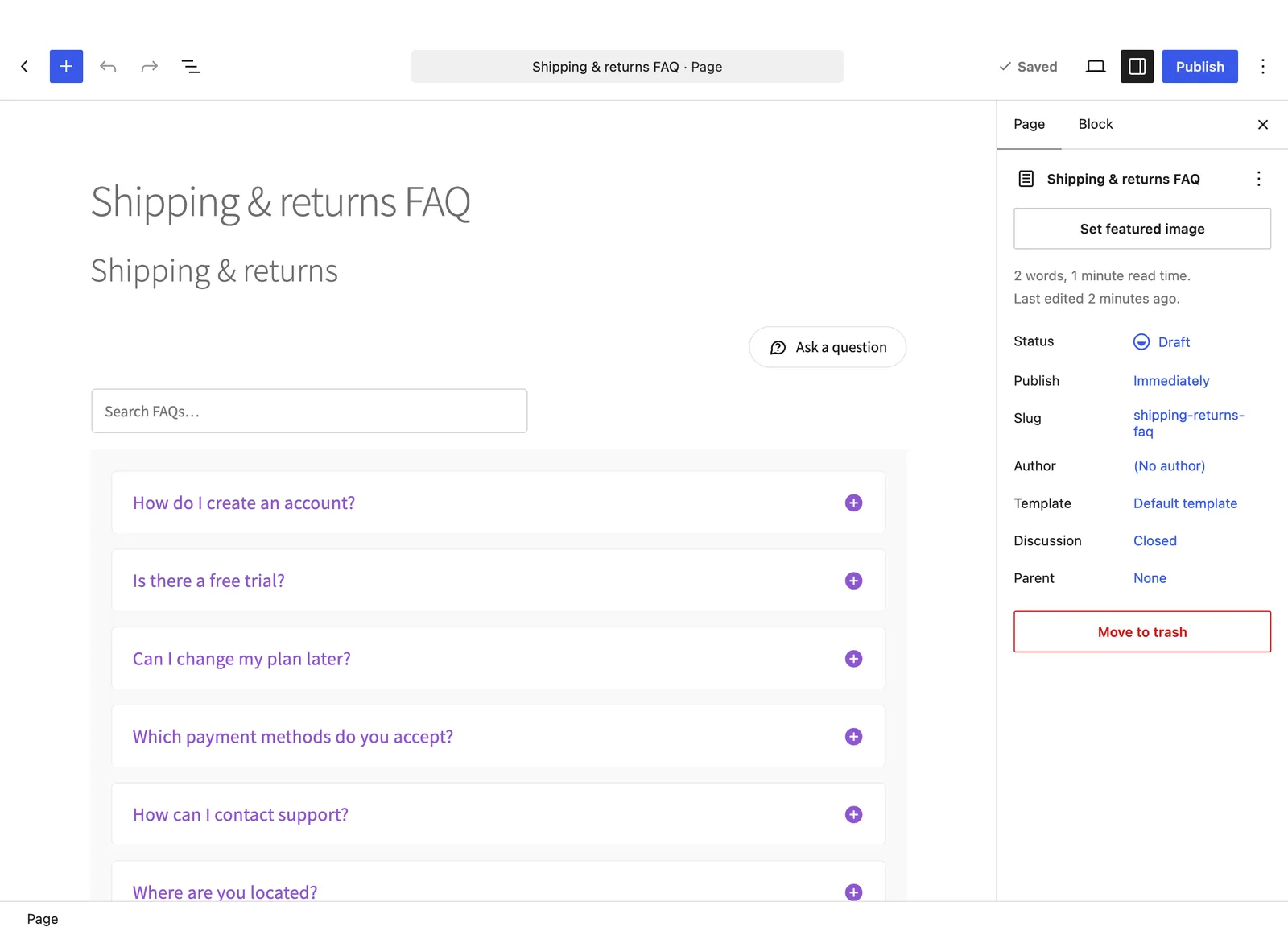 A Happy FAQs block in the block editor