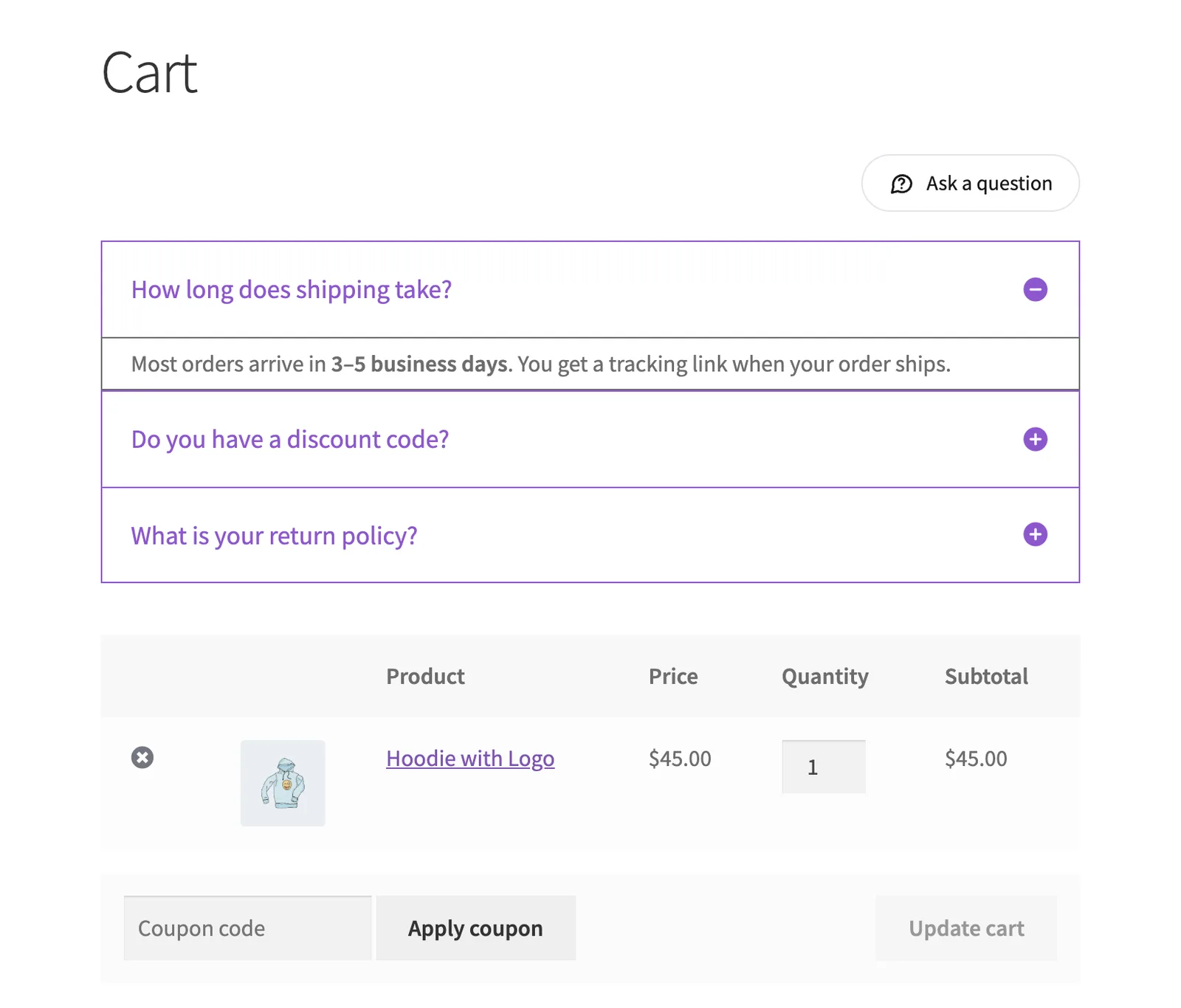 FAQs above the cart