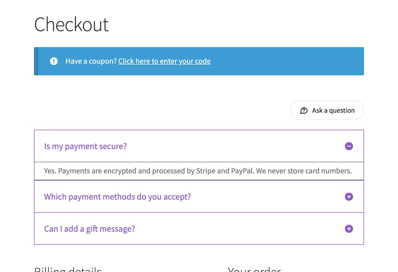 FAQs at the top of the checkout