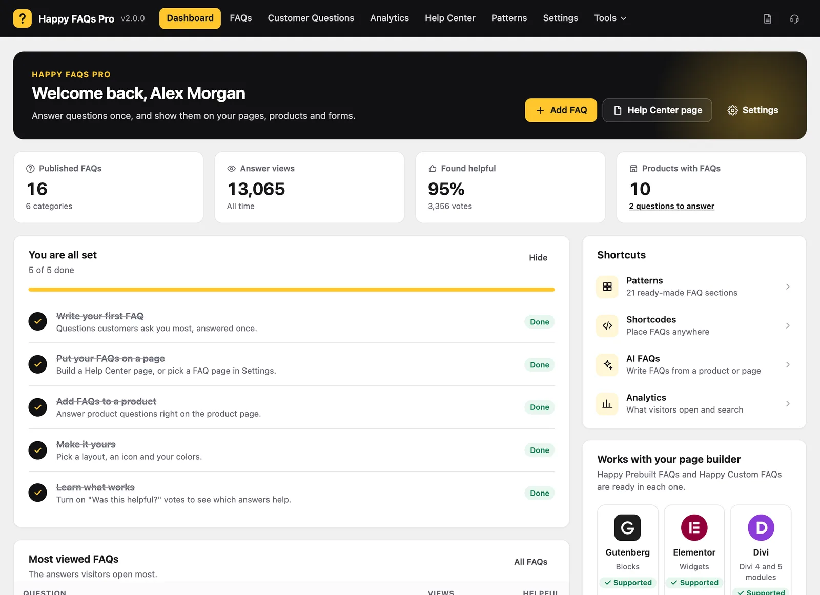 The Happy FAQs dashboard with stats, a setup checklist and shortcuts
