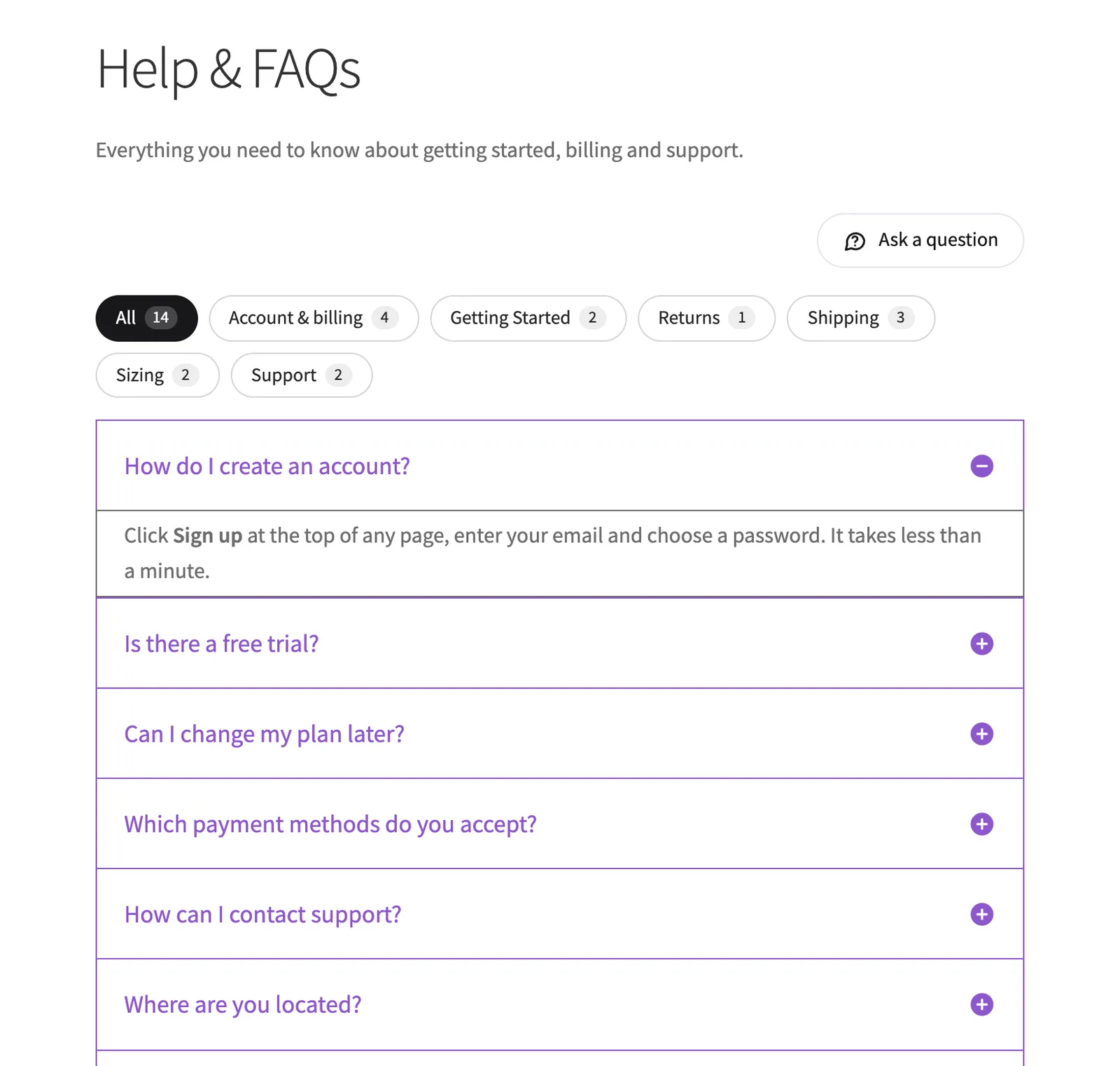 A FAQ page with category tabs
