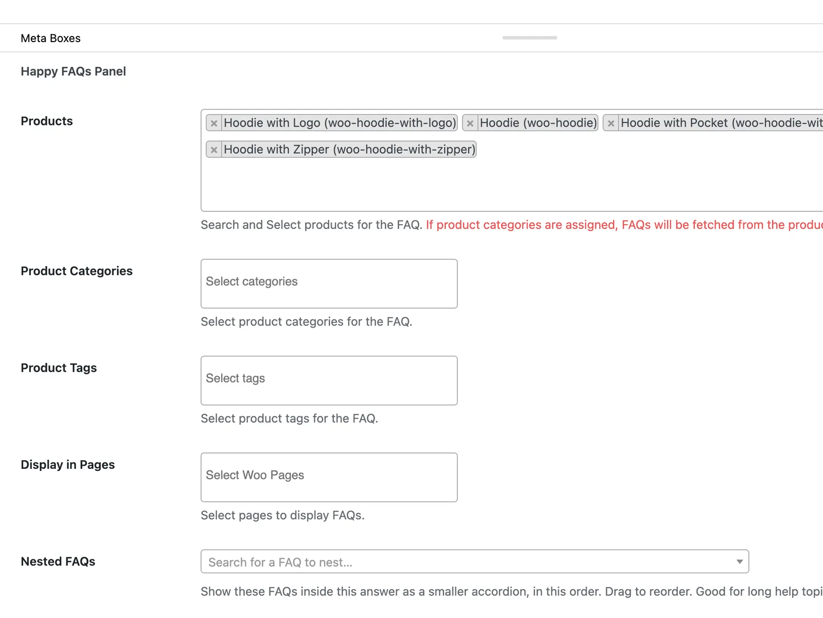 Products, categories and tags in the Happy FAQs Panel