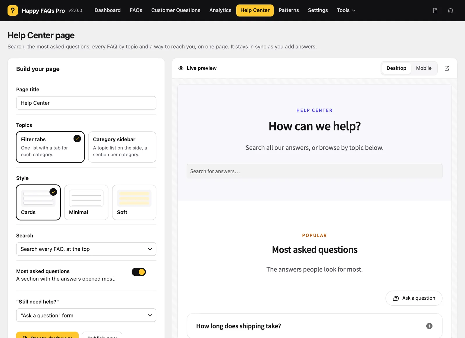 The Help Center builder with a live preview