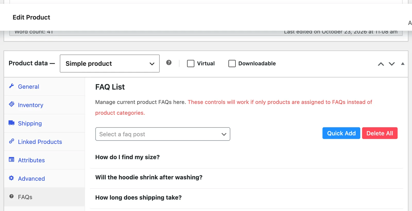 The FAQs tab in WooCommerce product data