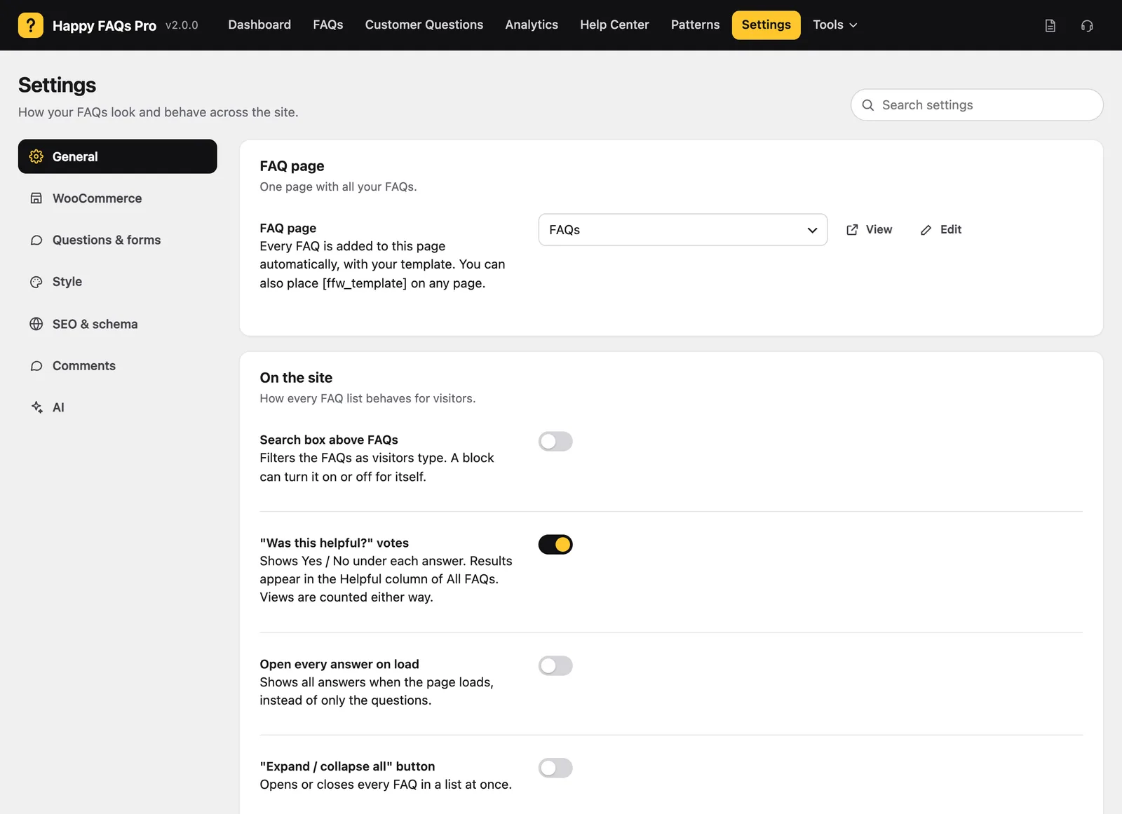 The FAQ page setting