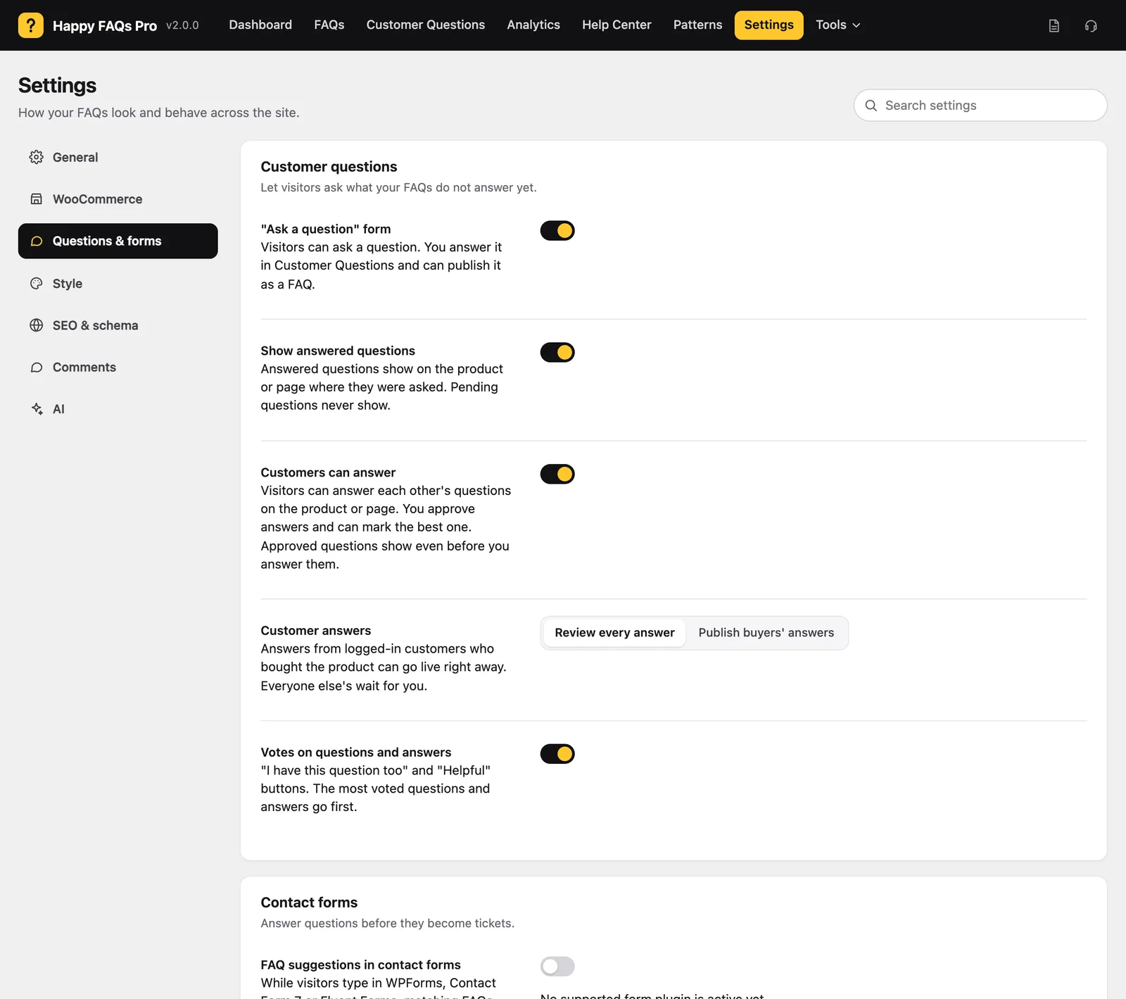 Questions and forms settings