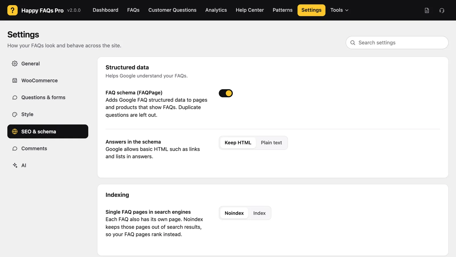 SEO and schema settings