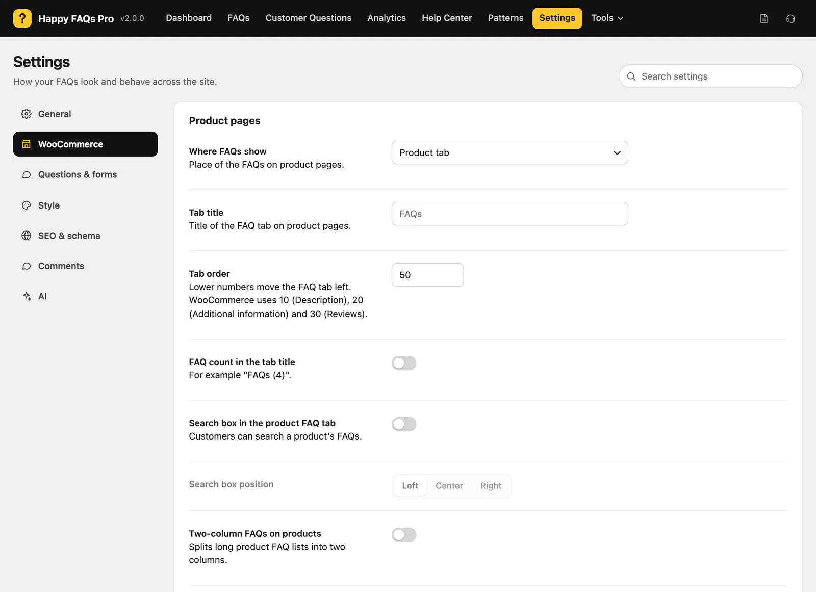 WooCommerce settings for product FAQs