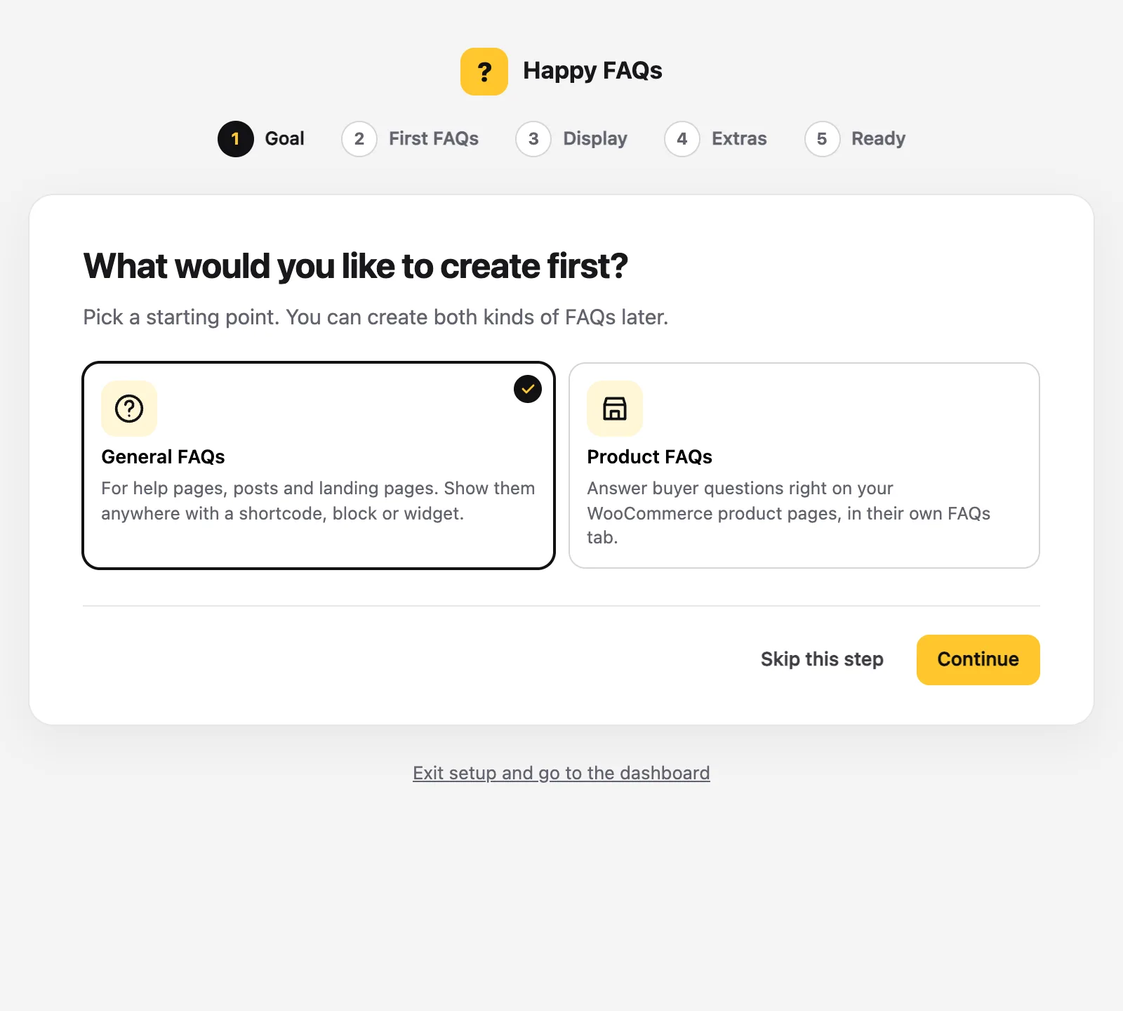 The setup wizard asking what to create first
