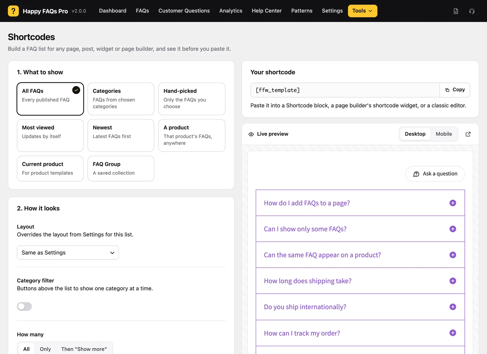 The shortcode builder with a live preview