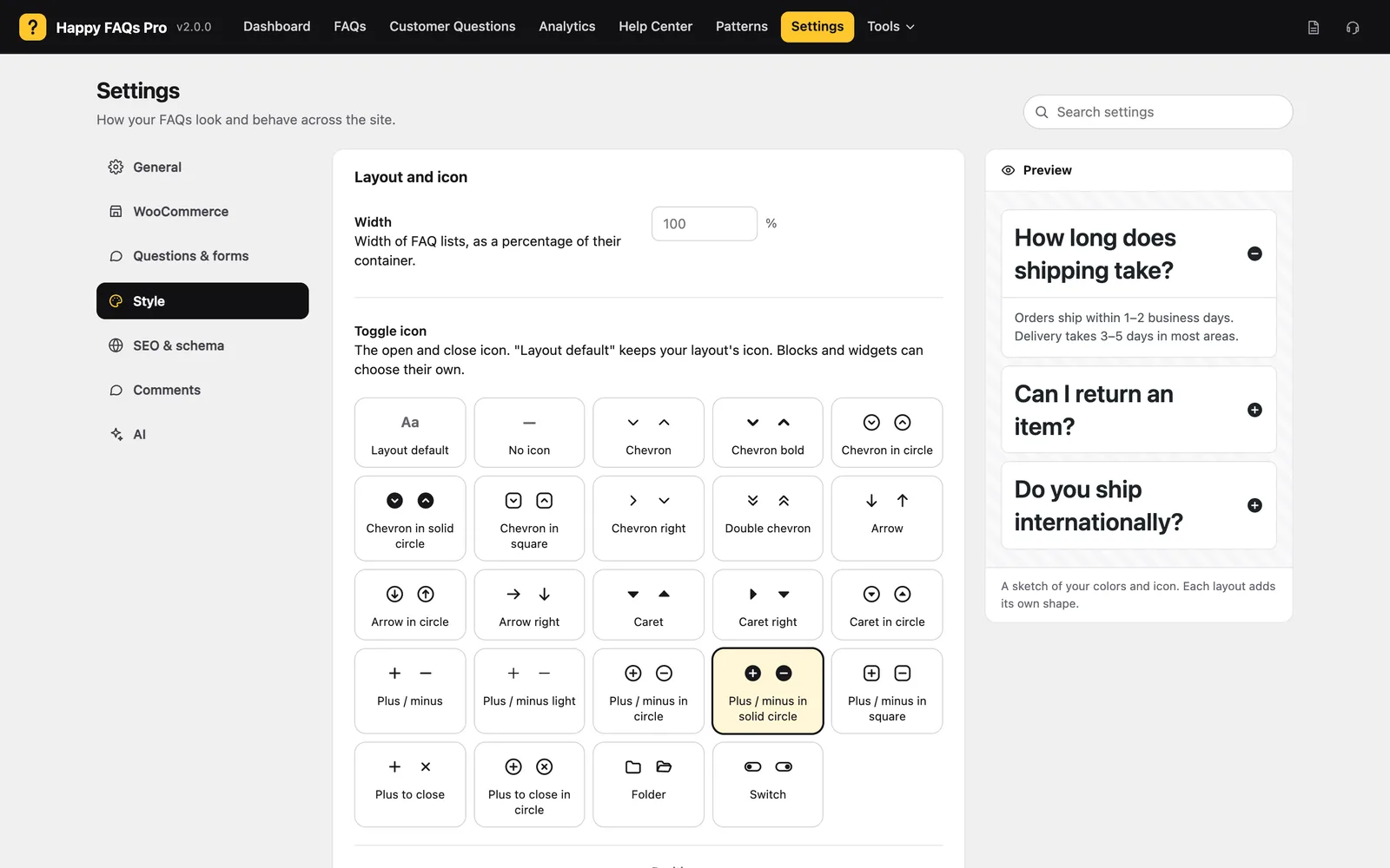 Style settings with toggle icons and a live preview